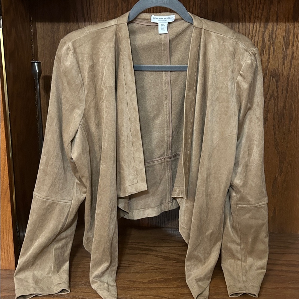 Katherine Barclay Faux Suede Cardigan Women L Tan Cropped Open Waterfall